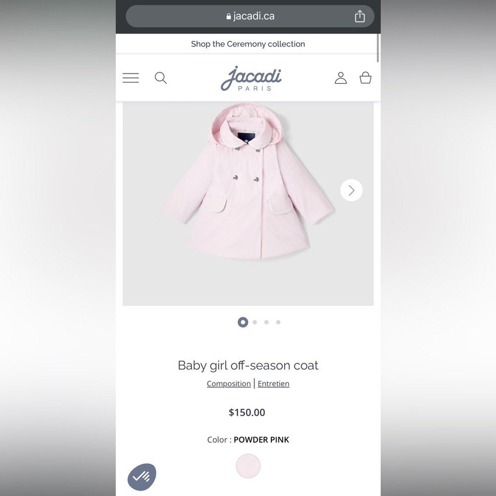 Jacadi water repellent off-season blush pink coat. 12-36 month